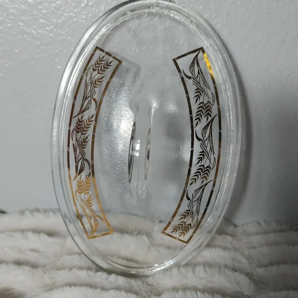 Vintage Glasbake Jeanette Green w/ Gold decorated lid J2274 oval 1 QT Made In US
